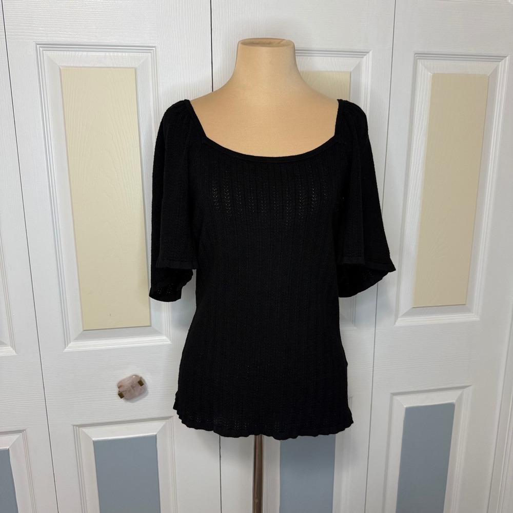 Catherine Malandrino Black Square Neck Flutter Sleeve Pointelle Knit Top Large